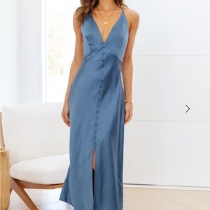 Hello Molly “Sleek Night” Satin Deep Blue Midi Dress